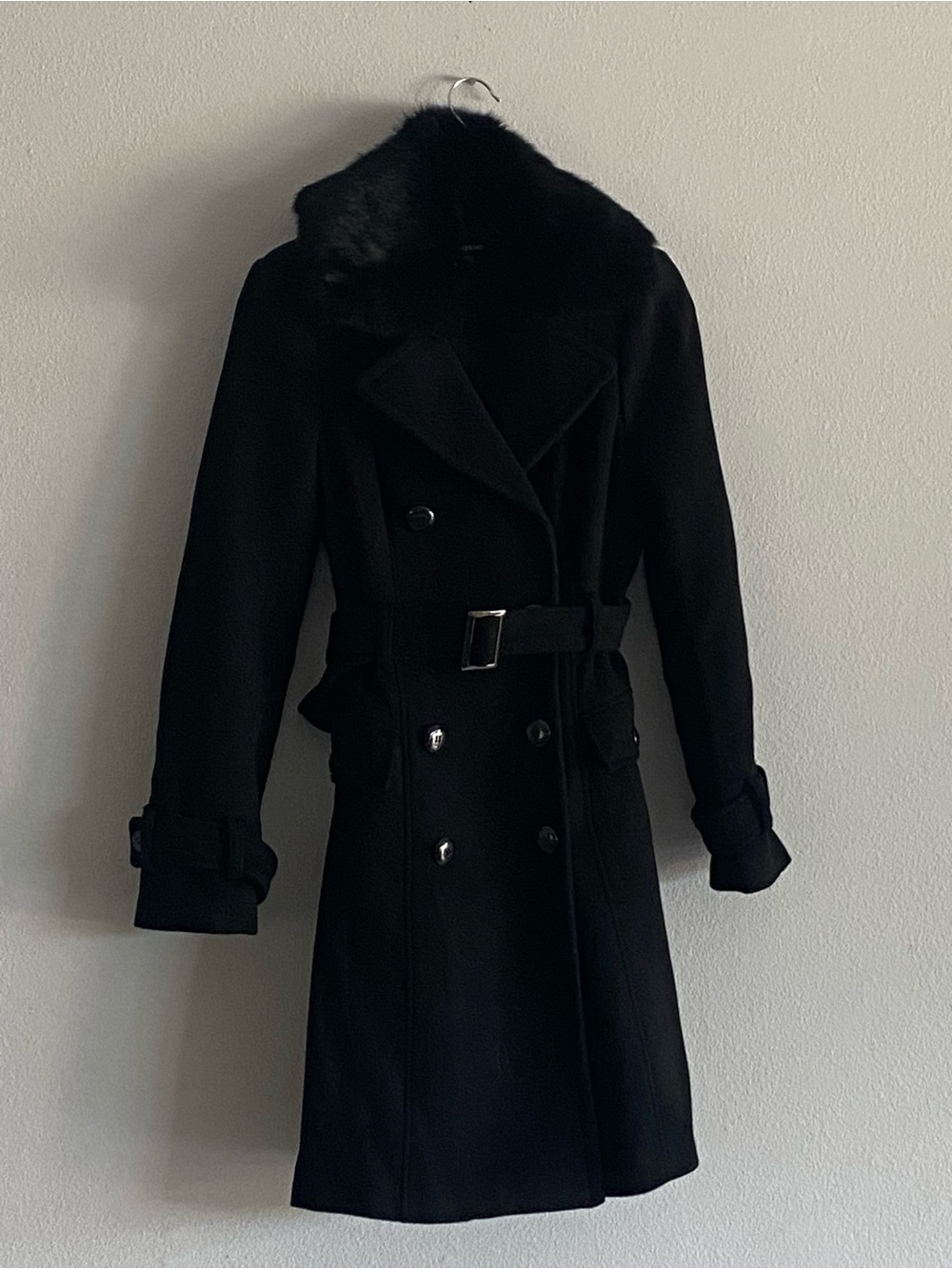 bebe Black Double-Breasted Trench Coat with Faux Fur Collar - Picture 5 of 9